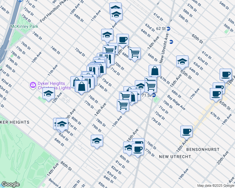 map of restaurants, bars, coffee shops, grocery stores, and more near 7303 14th Avenue in Brooklyn
