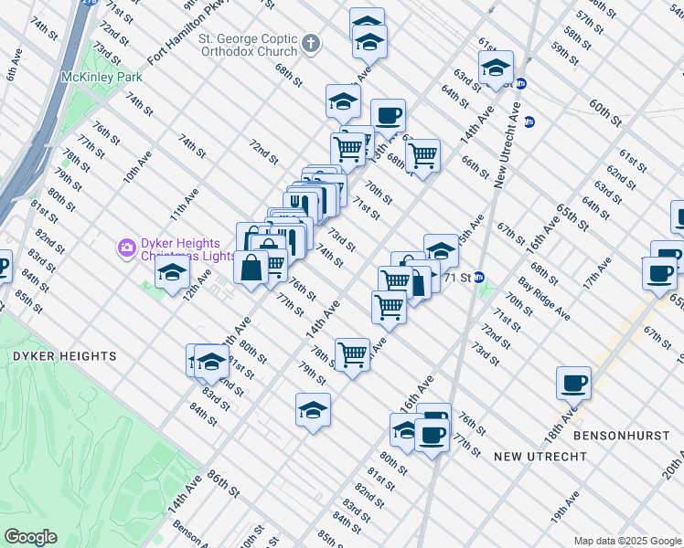 map of restaurants, bars, coffee shops, grocery stores, and more near 1354 74th Street in Brooklyn