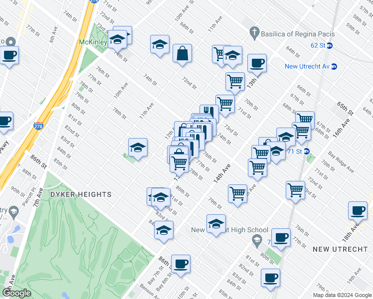 map of restaurants, bars, coffee shops, grocery stores, and more near 7613-7615 13th Avenue in Brooklyn