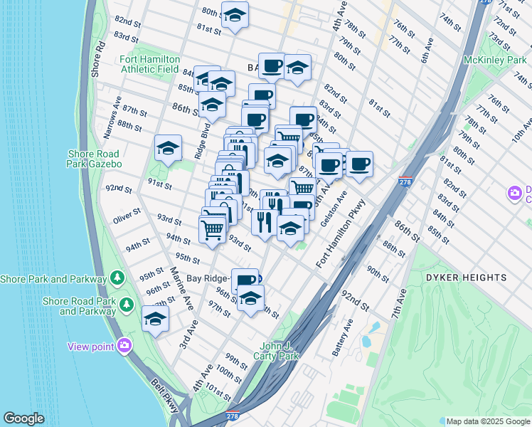 map of restaurants, bars, coffee shops, grocery stores, and more near 345 91st Street in Brooklyn