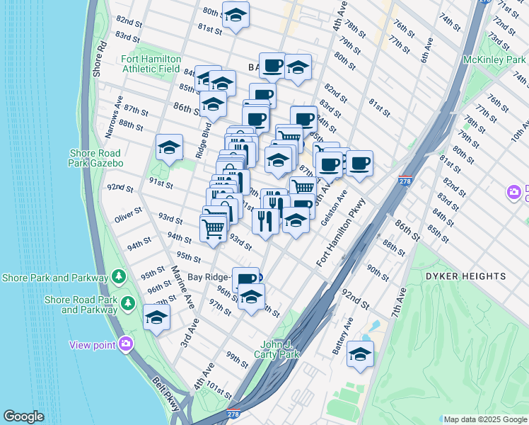 map of restaurants, bars, coffee shops, grocery stores, and more near 345 91st Street in Brooklyn