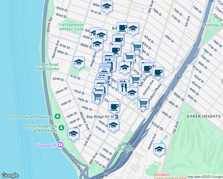 map of restaurants, bars, coffee shops, grocery stores, and more near 345 91st Street in Brooklyn