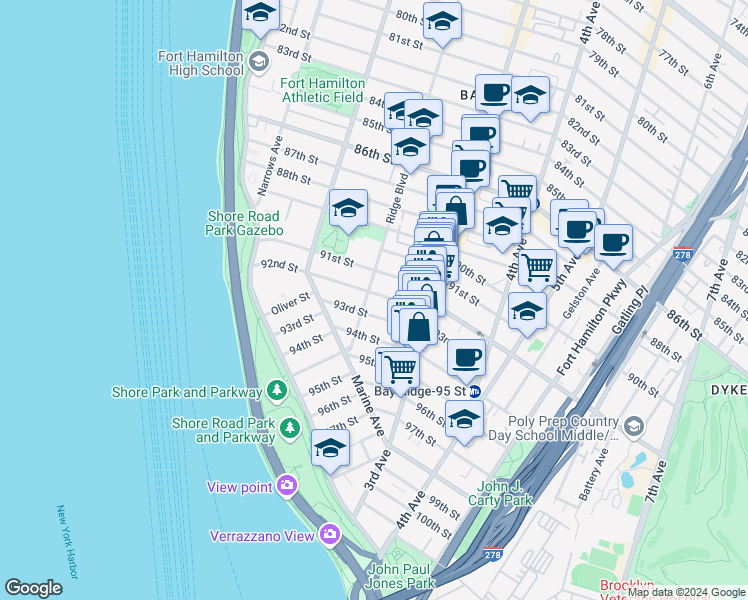 map of restaurants, bars, coffee shops, grocery stores, and more near 9115 Ridge Boulevard in Brooklyn