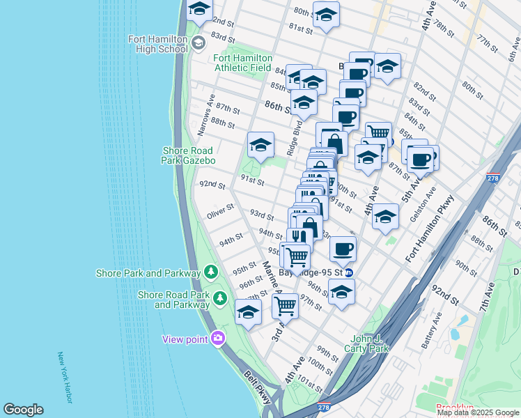 map of restaurants, bars, coffee shops, grocery stores, and more near 142 92nd Street in Brooklyn