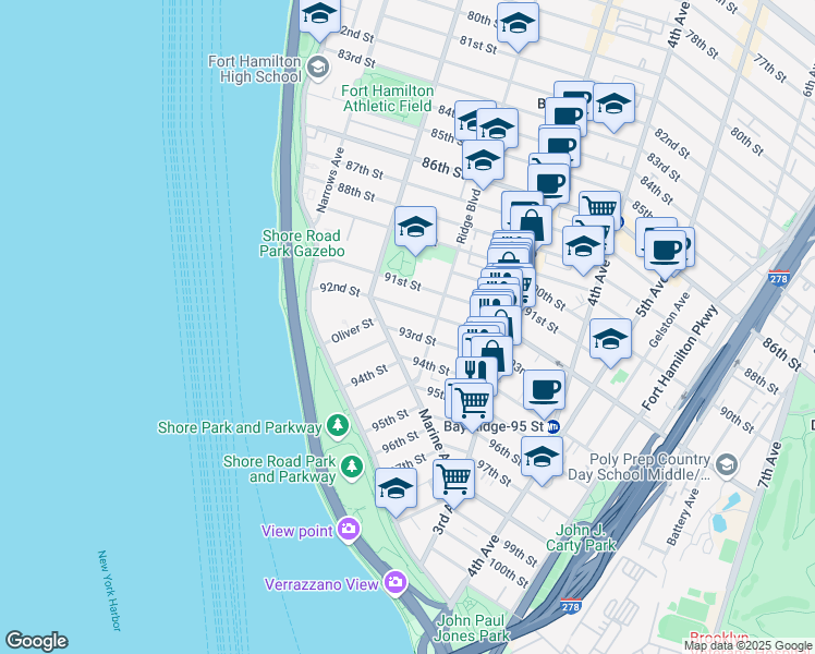 map of restaurants, bars, coffee shops, grocery stores, and more near 142 92nd Street in Brooklyn