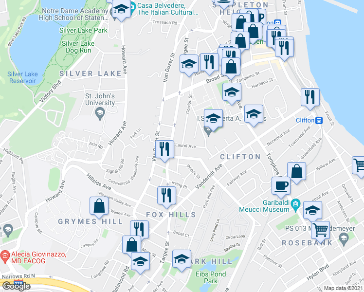 map of restaurants, bars, coffee shops, grocery stores, and more near 291 Gordon Street in Staten Island