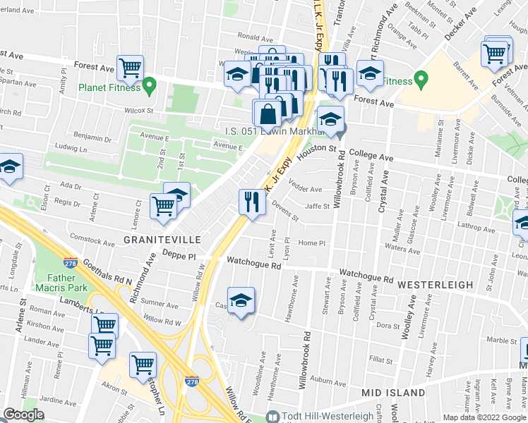 map of restaurants, bars, coffee shops, grocery stores, and more near 215 Willow Road East in Staten Island