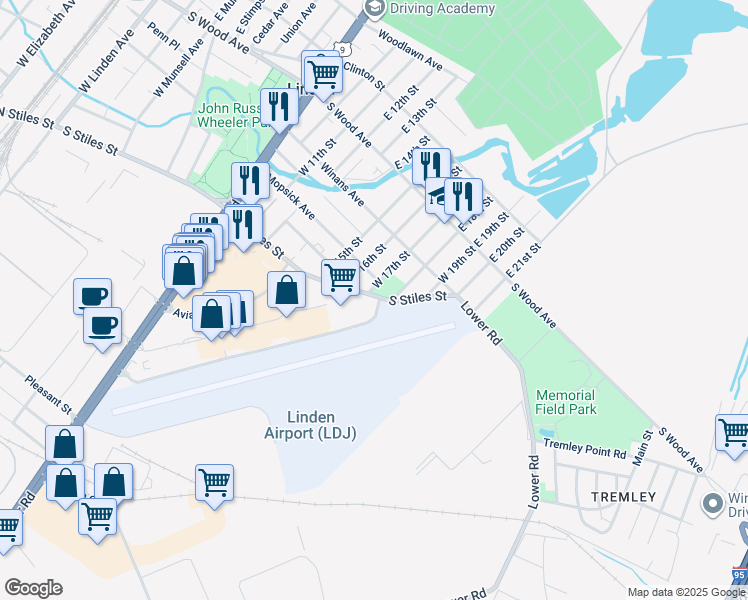 map of restaurants, bars, coffee shops, grocery stores, and more near 1615 South Stiles Street in Linden