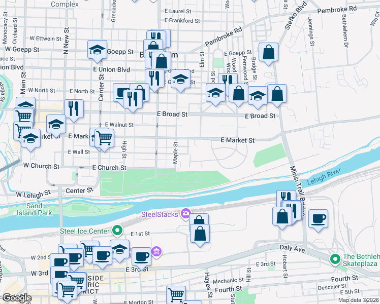 map of restaurants, bars, coffee shops, grocery stores, and more near 454 West Village Circle in Bethlehem