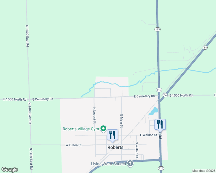 map of restaurants, bars, coffee shops, grocery stores, and more near 204 Hickory Drive in Roberts