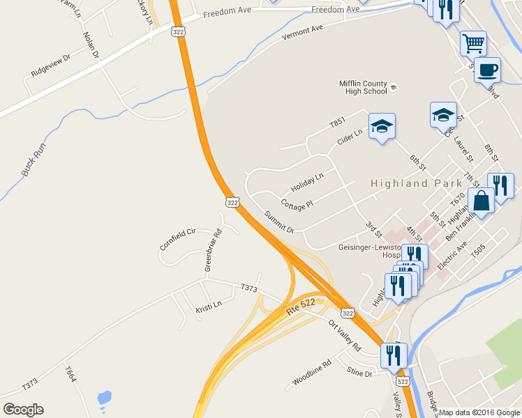 map of restaurants, bars, coffee shops, grocery stores, and more near 467 Summit Drive in Lewistown