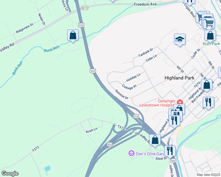 map of restaurants, bars, coffee shops, grocery stores, and more near 467 Summit Drive in Lewistown