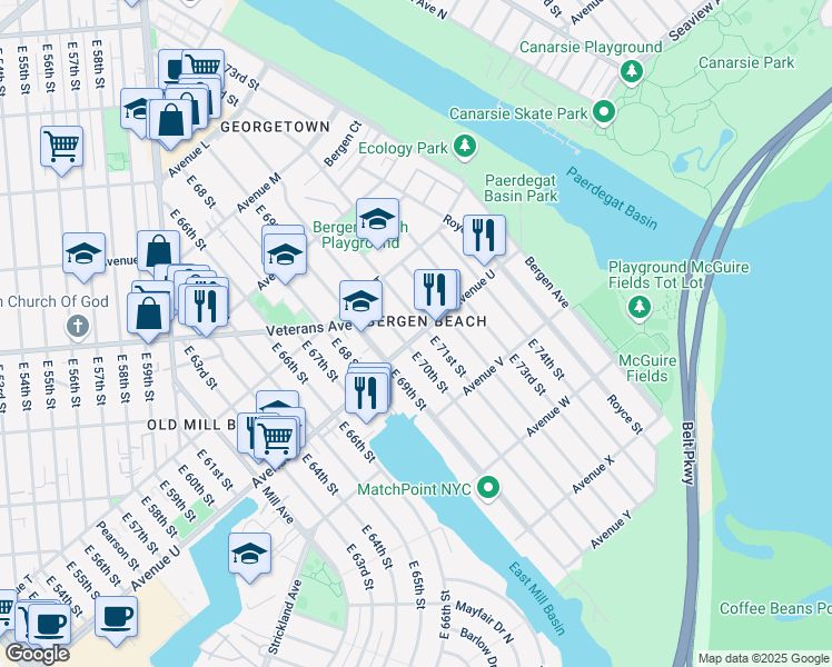 map of restaurants, bars, coffee shops, grocery stores, and more near 7007 Avenue U in Brooklyn