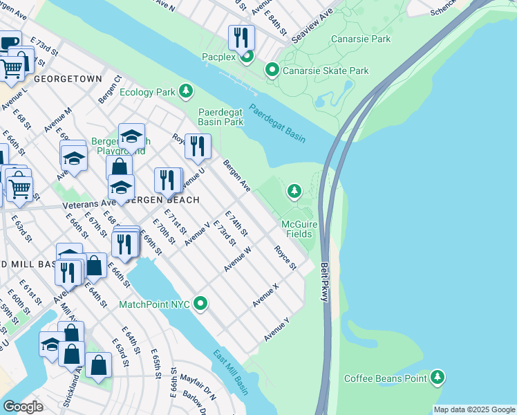 map of restaurants, bars, coffee shops, grocery stores, and more near 2236 Bergen Avenue in Brooklyn