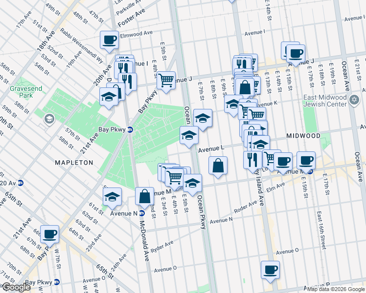 map of restaurants, bars, coffee shops, grocery stores, and more near 1272 East 5th Street in Brooklyn