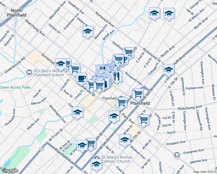 map of restaurants, bars, coffee shops, grocery stores, and more near in Plainfield