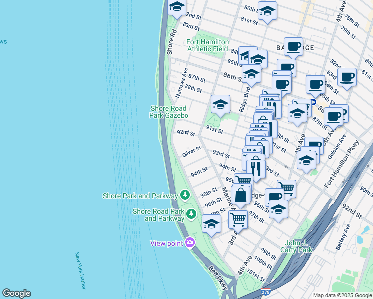map of restaurants, bars, coffee shops, grocery stores, and more near 61 Oliver Street in Brooklyn