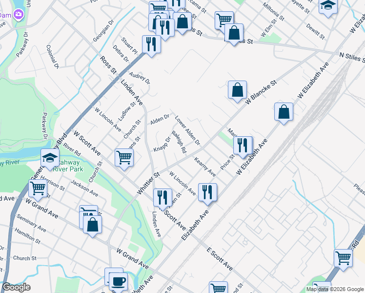 map of restaurants, bars, coffee shops, grocery stores, and more near 386 Raleigh Road in Rahway