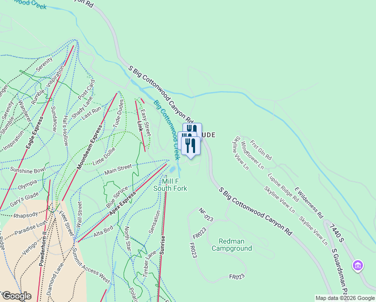 map of restaurants, bars, coffee shops, grocery stores, and more near 12090 Big Cottonwood Canyon Road in Brighton