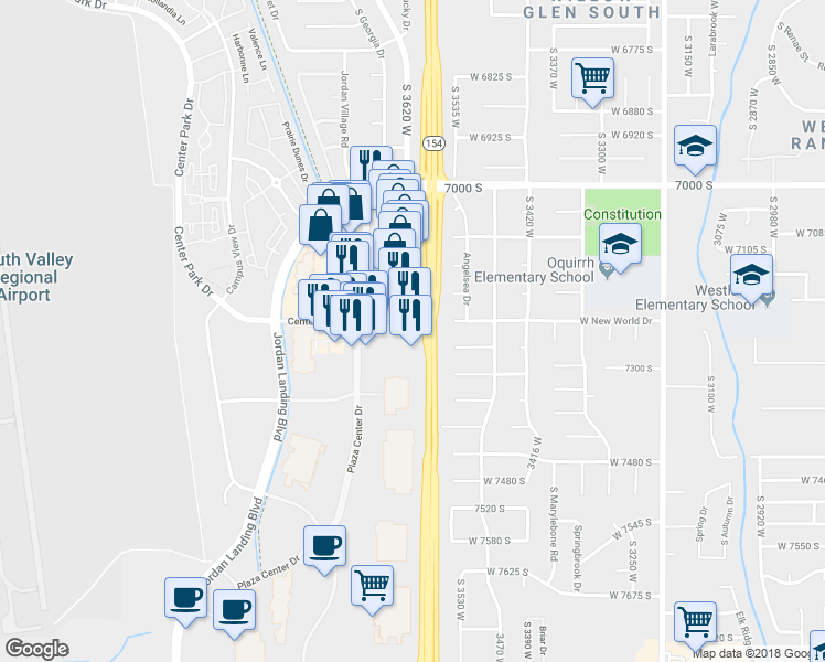 map of restaurants, bars, coffee shops, grocery stores, and more near 3629 Center Park Drive in West Jordan