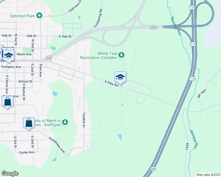 map of restaurants, bars, coffee shops, grocery stores, and more near 450 East Pike Road in Indiana