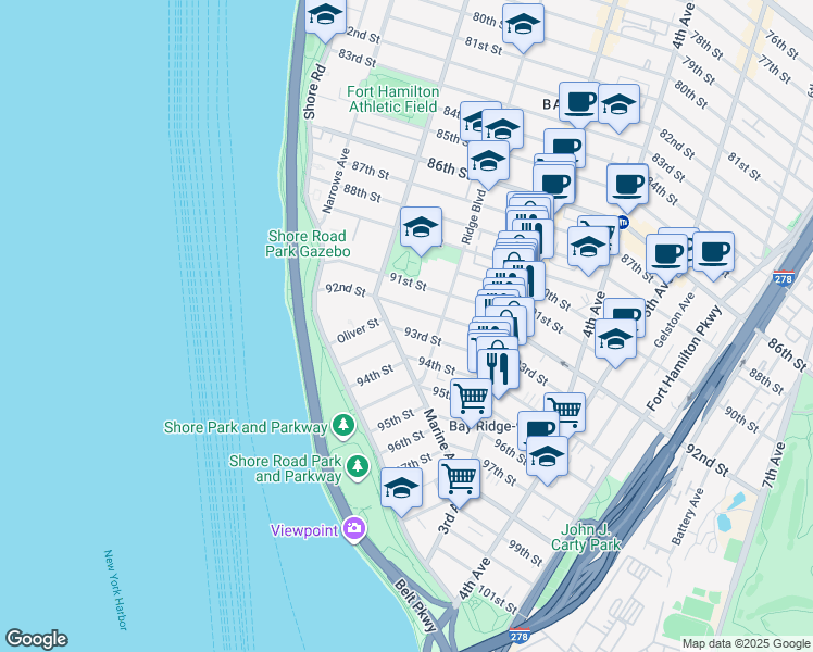 map of restaurants, bars, coffee shops, grocery stores, and more near 115 93rd Street in Brooklyn