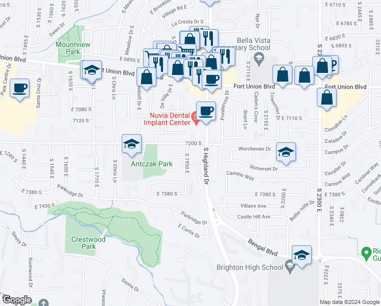 map of restaurants, bars, coffee shops, grocery stores, and more near 7235 South 1950 East in Cottonwood Heights