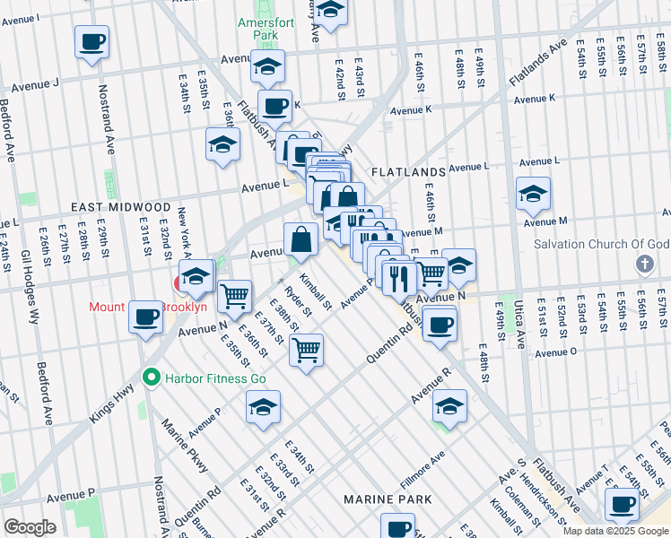 map of restaurants, bars, coffee shops, grocery stores, and more near 1550 Hendrickson Street in Brooklyn
