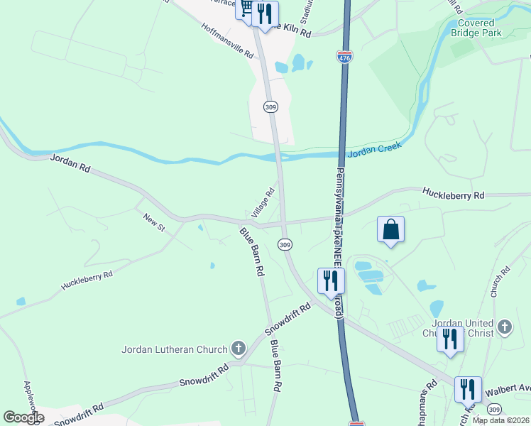 map of restaurants, bars, coffee shops, grocery stores, and more near 2219 Village Road in Lehigh County