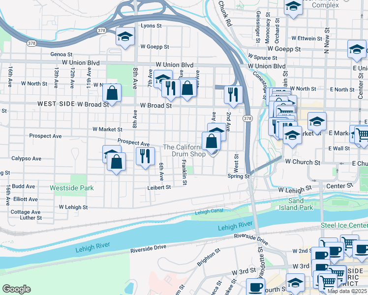 map of restaurants, bars, coffee shops, grocery stores, and more near 526 Prospect Avenue in Bethlehem