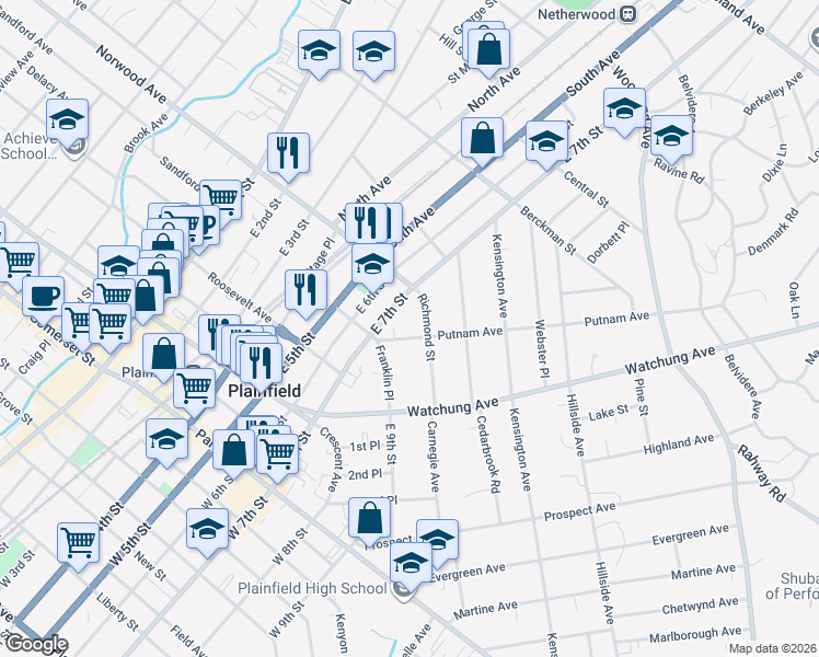 map of restaurants, bars, coffee shops, grocery stores, and more near 921 Putnam Avenue in Plainfield