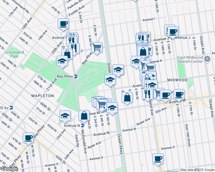 map of restaurants, bars, coffee shops, grocery stores, and more near 1176 Ocean Parkway in Brooklyn