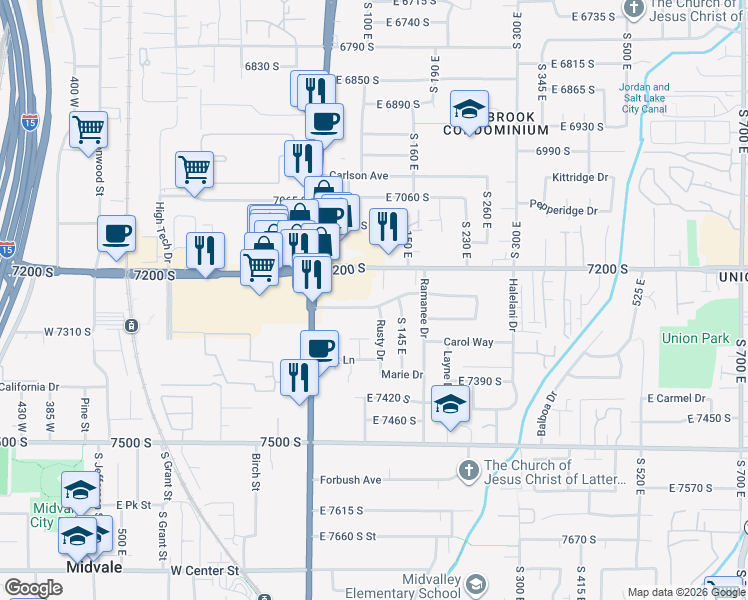 map of restaurants, bars, coffee shops, grocery stores, and more near 109 Nicoletti Dr in Midvale