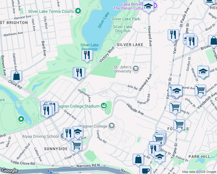 map of restaurants, bars, coffee shops, grocery stores, and more near 155 Arlo Road in Staten Island