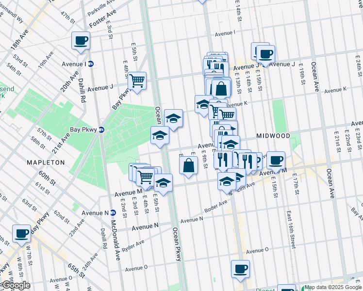 map of restaurants, bars, coffee shops, grocery stores, and more near 1273 East 7th Street in Brooklyn