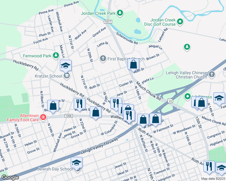 map of restaurants, bars, coffee shops, grocery stores, and more near 1620 State Route 1019 in Allentown