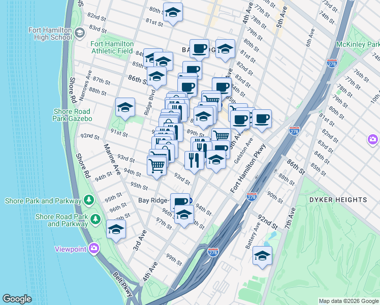 map of restaurants, bars, coffee shops, grocery stores, and more near 351 91st Street in Brooklyn
