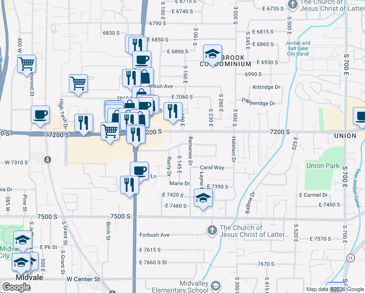 map of restaurants, bars, coffee shops, grocery stores, and more near 152 Nicoletti Drive in Midvale