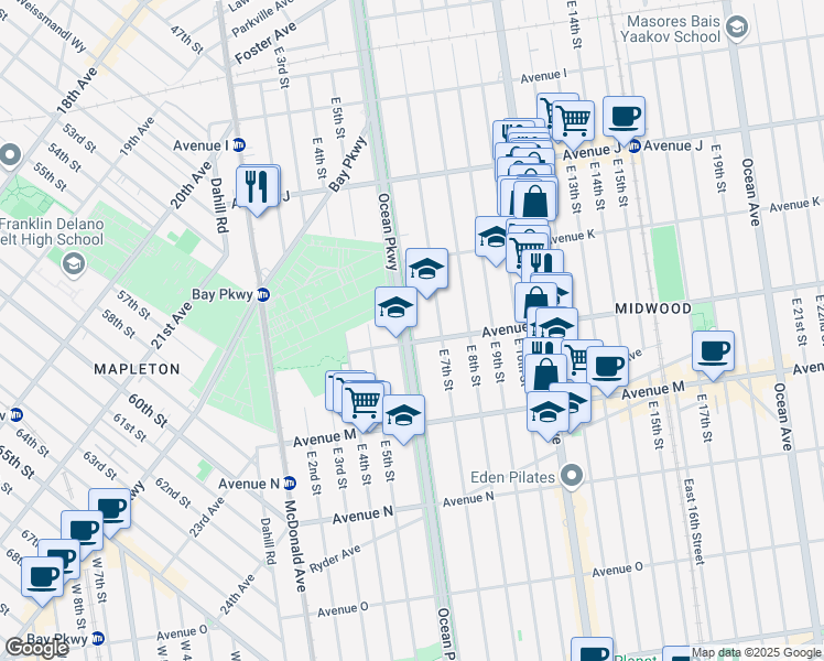 map of restaurants, bars, coffee shops, grocery stores, and more near 1187 Ocean Parkway in Brooklyn