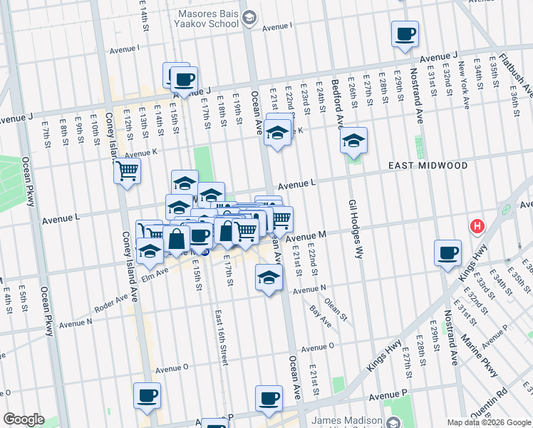 map of restaurants, bars, coffee shops, grocery stores, and more near 1724 Ocean Avenue in Brooklyn
