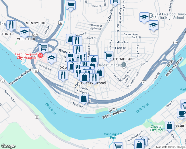 map of restaurants, bars, coffee shops, grocery stores, and more near 415 East 6th Street in East Liverpool