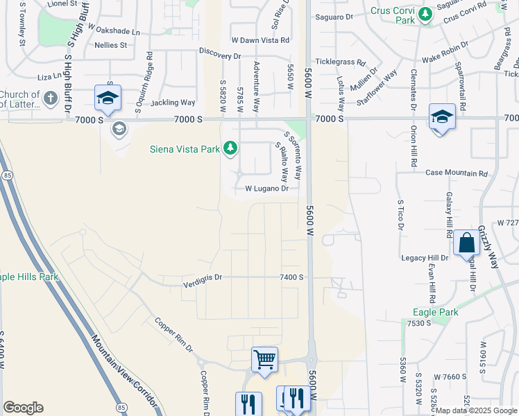 map of restaurants, bars, coffee shops, grocery stores, and more near South 5720 West in West Jordan