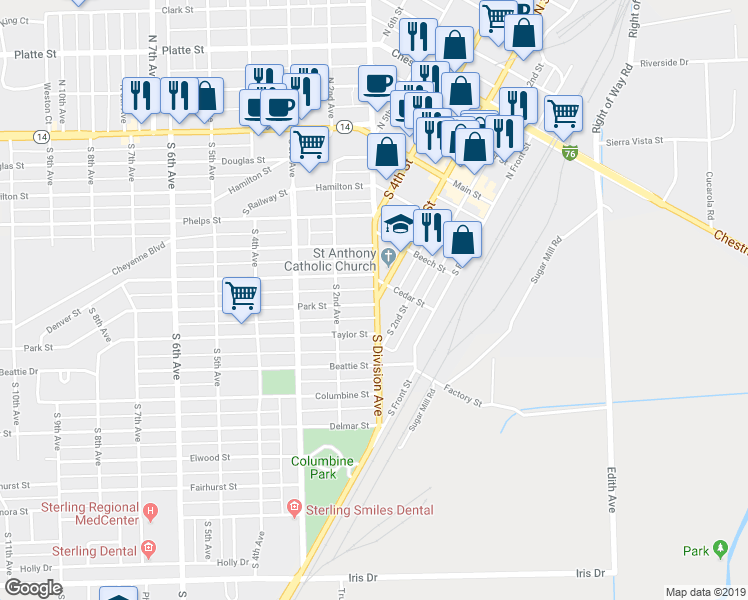 map of restaurants, bars, coffee shops, grocery stores, and more near 114 Park Street in Sterling