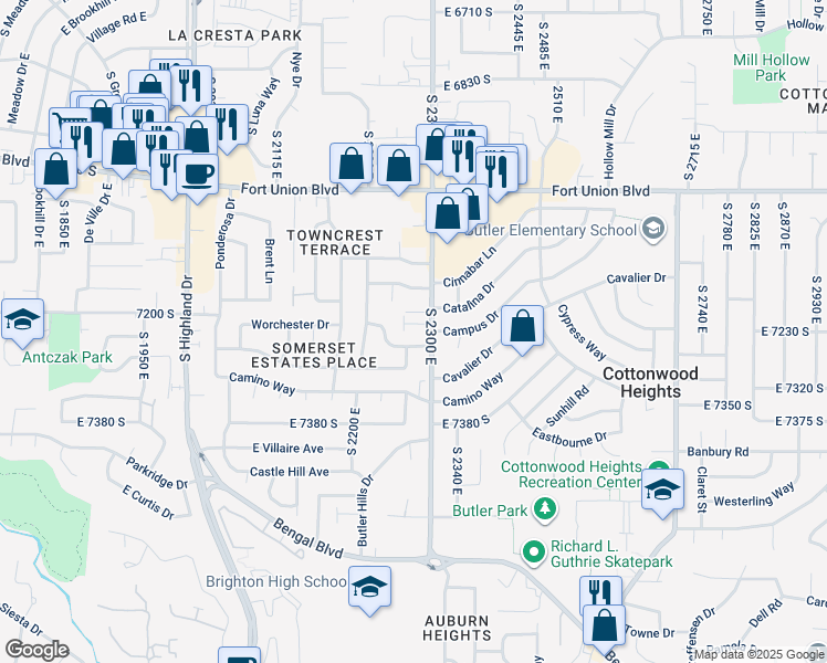 map of restaurants, bars, coffee shops, grocery stores, and more near 95 Emerald Hills Court in Cottonwood Heights