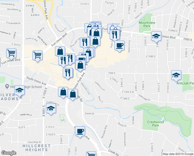 map of restaurants, bars, coffee shops, grocery stores, and more near 1257 Shadow Ridge Drive in Midvale