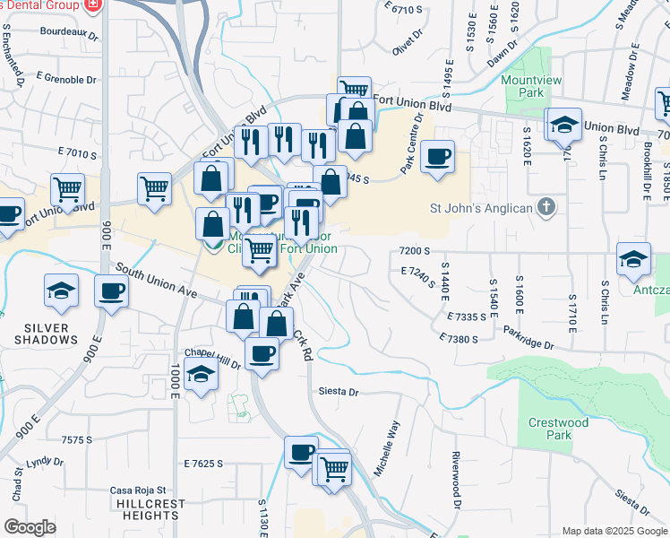 map of restaurants, bars, coffee shops, grocery stores, and more near 1282 Ridge Meadow Lane in Midvale