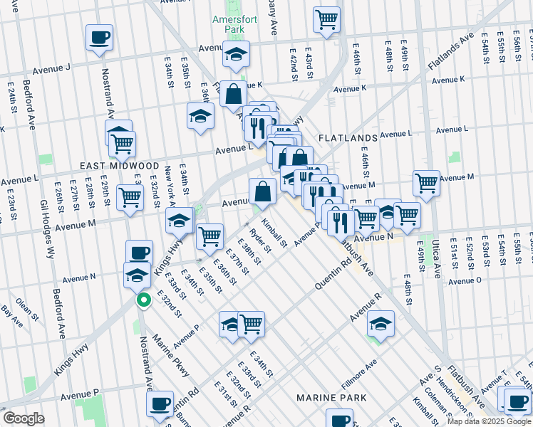 map of restaurants, bars, coffee shops, grocery stores, and more near 1514 Coleman Street in Brooklyn