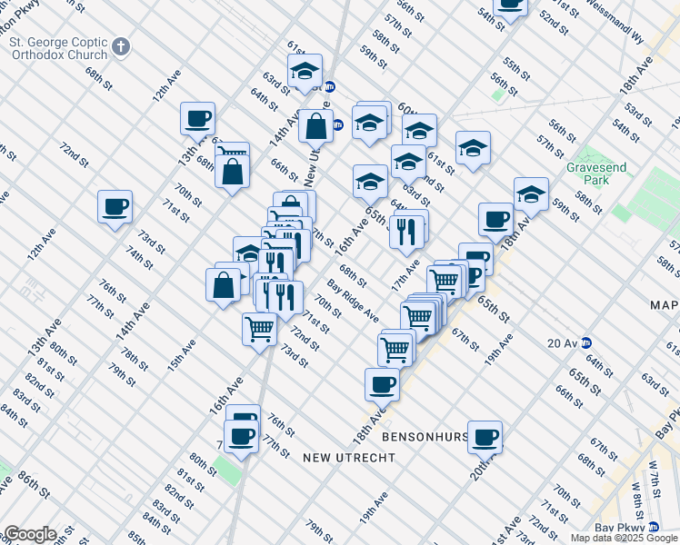 map of restaurants, bars, coffee shops, grocery stores, and more near 6805 16th Avenue in Brooklyn
