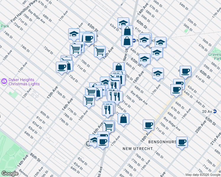 map of restaurants, bars, coffee shops, grocery stores, and more near 1518 70th Street in Brooklyn