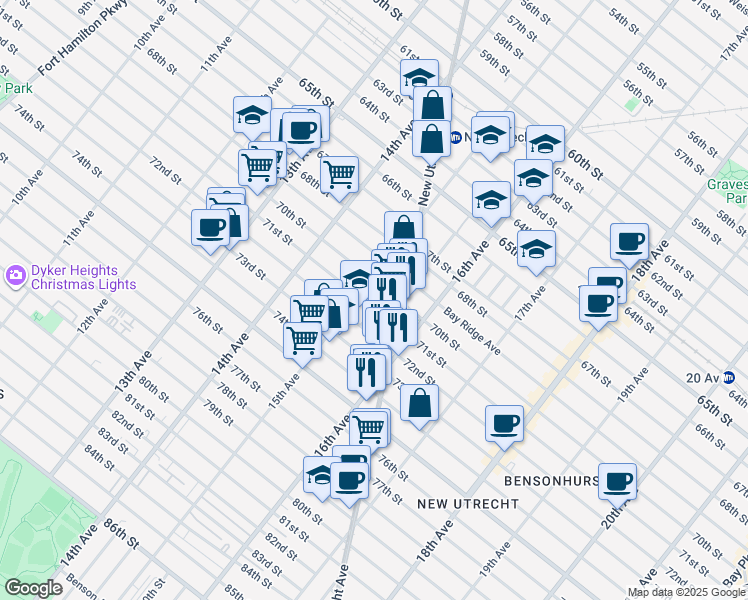 map of restaurants, bars, coffee shops, grocery stores, and more near 1518 70th Street in Brooklyn
